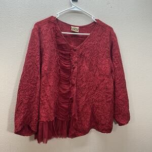 URU Top Red Crinkle Textured Floral Button Front Lagenlook‎ Boho 100% Silk OS